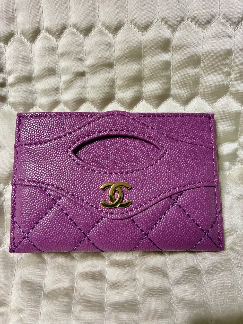 ChaneI Quilted Flap Card Holder Purple with Gold Hardware Logo OBO